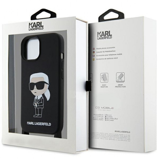 Karl Lagerfeld iPhone 15 Crossbody Silicone Ikonik Σκληρή Θήκη με Πλαίσιο Σιλικόνης και Λουράκι - Black - KLHCP15SSCBSKNK