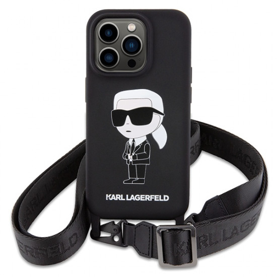 Karl Lagerfeld iPhone 15 Pro Max Crossbody Silicone Ikonik Σκληρή Θήκη με Πλαίσιο Σιλικόνης και Λουράκι - Black - KLHCP15XSCBSKNK