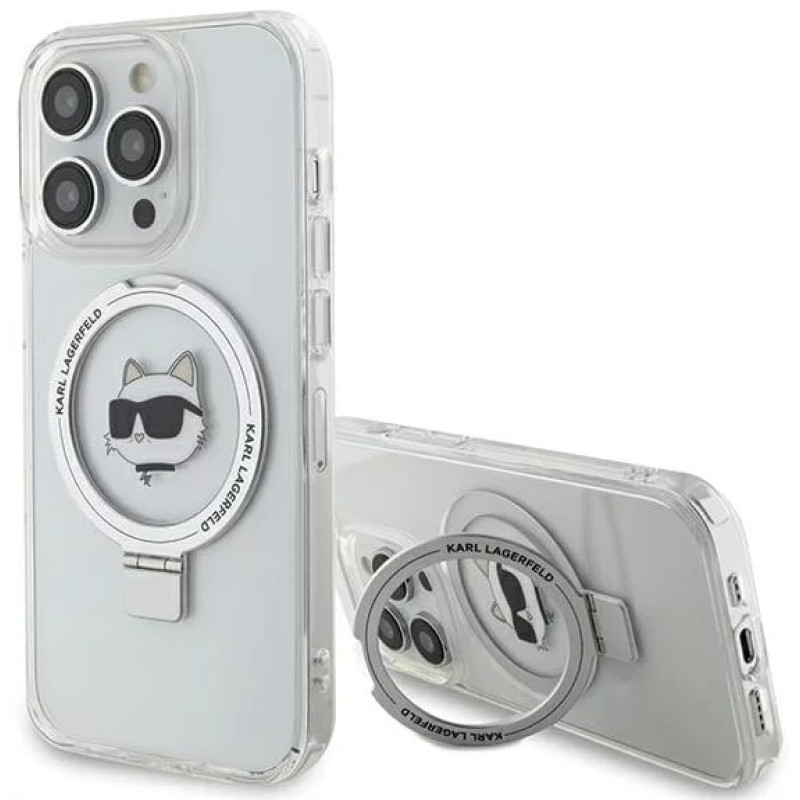 Karl Lagerfeld iPhone 15 Pro Max Ring Stand Choupette Head MagSafe Σκληρή Θήκη με Πλαίσιο Σιλικόνης και MagSafe - Διάφανη / Silver - KLHMP15XHMRSCHH