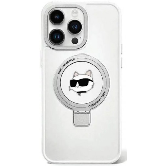Karl Lagerfeld iPhone 15 Pro Ring Stand Choupette Head MagSafe Σκληρή Θήκη με Πλαίσιο Σιλικόνης και MagSafe - White - KLHMP15LHMRSCHH