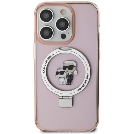 Karl Lagerfeld iPhone 15 Pro Max Ring Stand Karl and Choupette MagSafe Σκληρή Θήκη με Πλαίσιο Σιλικόνης και MagSafe - Pink - KLHMP15XHMRSKCP