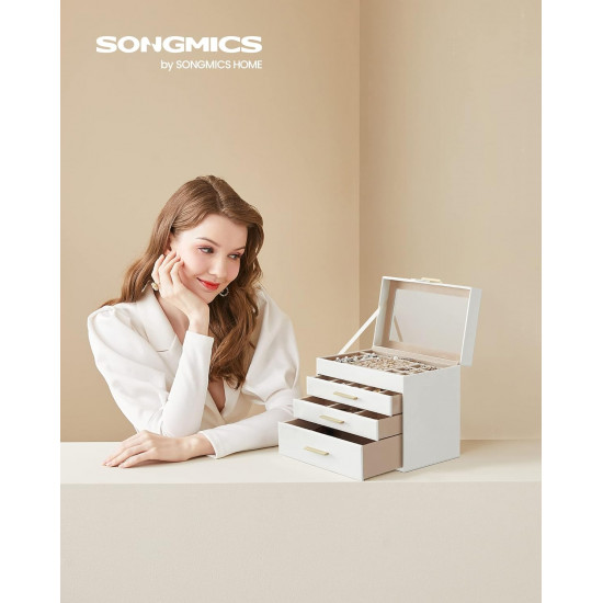Songmics Φορητό Κουτί Αποθήκευσης Κοσμημάτων με Γυάλινο Καπάκι - Cloud White - JBC161W01