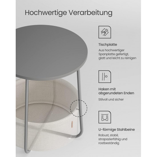 Vasagle Στρόγγυλο Βοηθητικό Τραπέζι με Υφασμάτινο Καλάθι Αποθήκευσης - Cement Grey / Cloud White - LET223G49