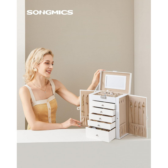 Songmics Κουτί Αποθήκευσης Κοσμημάτων 6 Επιπέδων με Καθρέπτη και Κλειδαριά - White - JBC152W01