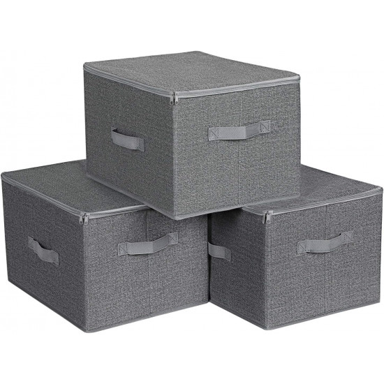 Songmics Σετ με 3 Υφασμάτινα Κουτιά Αποθήκευσης με Καπάκι και Λαβές - 40 x 30 x 25 cm - Grey - RYZB03G