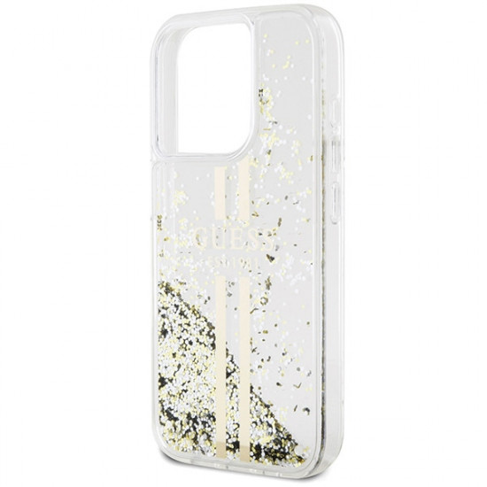 Guess iPhone 15 Pro Max Liquid Glitter Gold Stripes Σκληρή Θήκη με Πλαίσιο Σιλικόνης - Διάφανη - GUHCP15XLFCSEGT