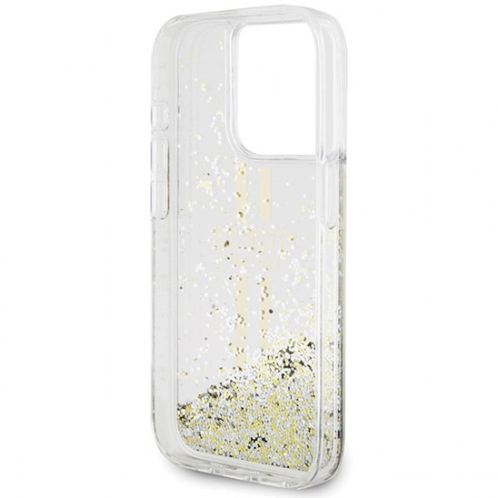 Guess iPhone 15 Pro Max Liquid Glitter Gold Stripes Σκληρή Θήκη με Πλαίσιο Σιλικόνης - Διάφανη - GUHCP15XLFCSEGT