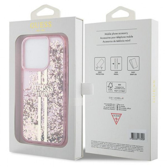 Guess iPhone 15 Pro Max Liquid Glitter Gold Stripes Σκληρή Θήκη με Πλαίσιο Σιλικόνης - Pink - GUHCP15XLFCSEGP