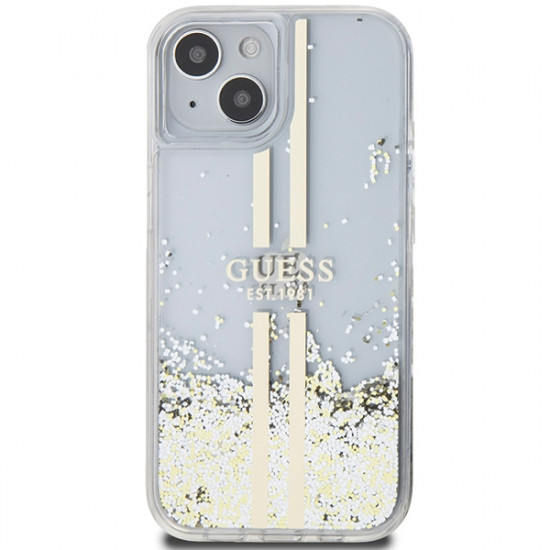 Guess iPhone 15 Liquid Glitter Gold Stripes Σκληρή Θήκη με Πλαίσιο Σιλικόνης - Διάφανη - GUHCP15SLFCSEGT
