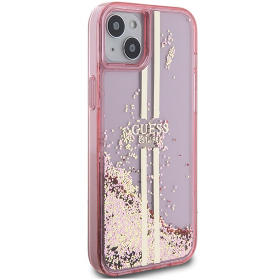 Guess iPhone 15 Liquid Glitter Gold Stripes Σκληρή Θήκη με Πλαίσιο Σιλικόνης - Pink - GUHCP15SLFCSEGP