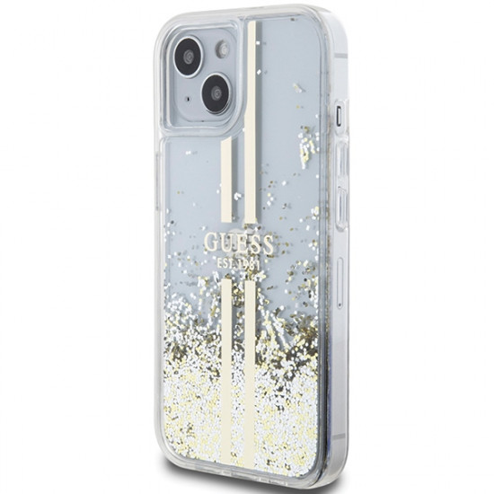 Guess iPhone 15 Plus Liquid Glitter Gold Stripes Σκληρή Θήκη με Πλαίσιο Σιλικόνης - Διάφανη - GUHCP15MLFCSEGT