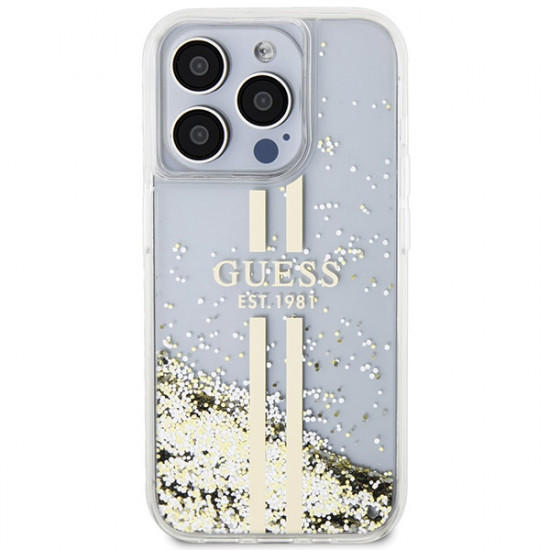 Guess iPhone 15 Pro Liquid Glitter Gold Stripes Σκληρή Θήκη με Πλαίσιο Σιλικόνης - Διάφανη - GUHCP15LLFCSEGT