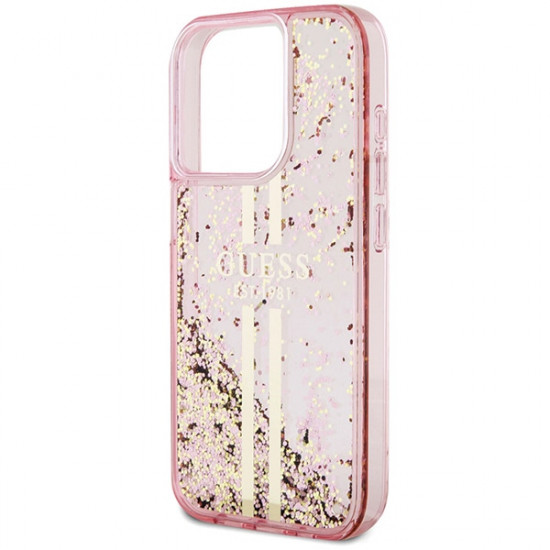 Guess iPhone 15 Pro Liquid Glitter Gold Stripes Σκληρή Θήκη με Πλαίσιο Σιλικόνης - Pink - GUHCP15LLFCSEGP