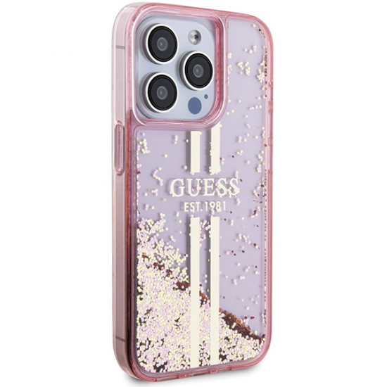 Guess iPhone 15 Pro Liquid Glitter Gold Stripes Σκληρή Θήκη με Πλαίσιο Σιλικόνης - Pink - GUHCP15LLFCSEGP