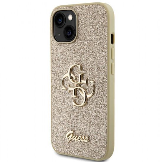 Guess iPhone 15 Plus Glitter Script Big 4G Σκληρή Θήκη με Πλαίσιο Σιλικόνης - Gold - GUHCP15MHG4SGD