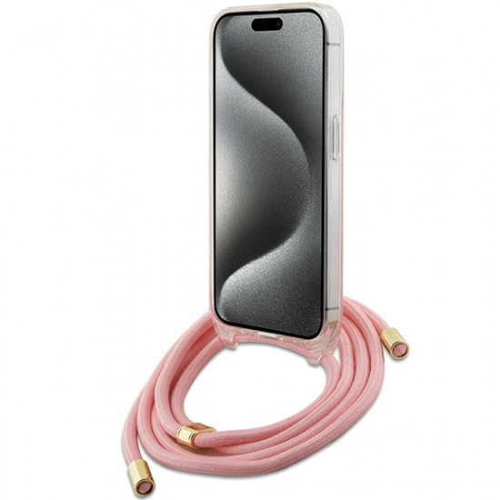 Guess iPhone 15 Crossbody Cord 4G Print Σκληρή Θήκη με Πλαίσιο Σιλικόνης και Λουράκι - Pink - GUHCP15SHC4SEP