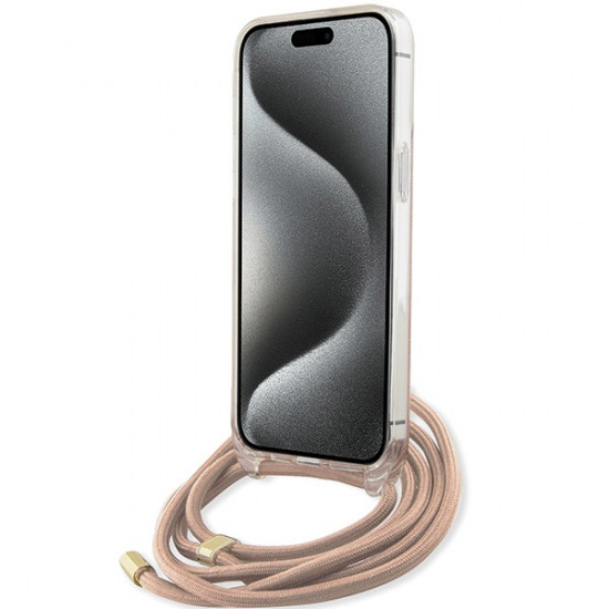 Guess iPhone 15 Pro Max Crossbody Cord 4G Print Σκληρή Θήκη με Πλαίσιο Σιλικόνης και Λουράκι - Pink - GUHCP15XHC4SEP
