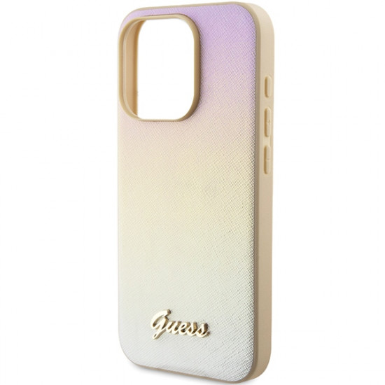 Guess iPhone 15 Pro Max Saffiano Iridescent Script Σκληρή Θήκη με Επένδυση Συνθετικού Δέρματος και Πλαίσιο Σιλικόνης - Gold - GUHCP15XPSAIRSD