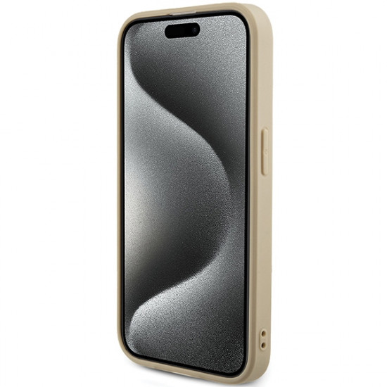Guess iPhone 15 Pro Saffiano Iridescent Script Σκληρή Θήκη με Επένδυση Συνθετικού Δέρματος και Πλαίσιο Σιλικόνης - Gold - GUHCP15LPSAIRSD