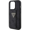 Guess iPhone 15 Pro Grip Stand 4G Triangle Strass Logo Θήκη με Επένδυση Συνθετικού Δέρματος και Stand - Black - GUHCP15LPGS4TDK