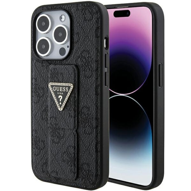 Guess iPhone 15 Pro Grip Stand 4G Triangle Strass Logo Θήκη με Επένδυση Συνθετικού Δέρματος και Stand - Black - GUHCP15LPGS4TDK