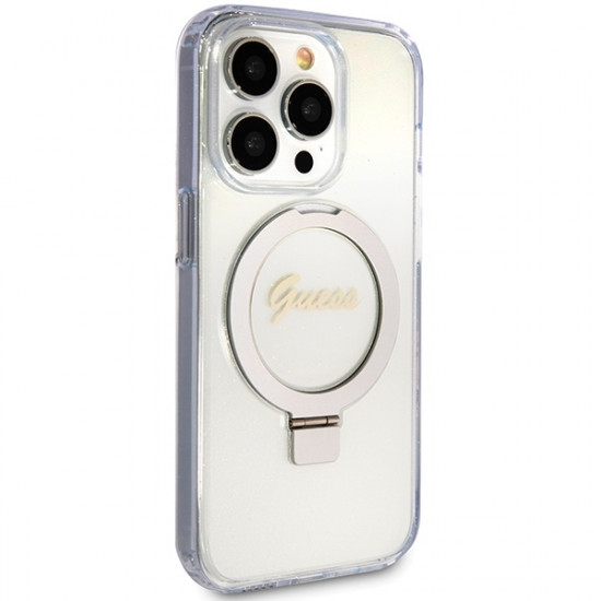 Guess iPhone 15 Pro Ring Stand Script Glitter Magsafe Σκληρή Θήκη με Πλαίσιο Σιλικόνης και MagSafe / Stand - Clear - GUHMP15LHRSGSD