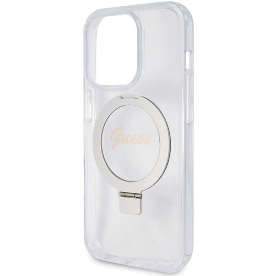 Guess iPhone 15 Pro Ring Stand Script Glitter Magsafe Σκληρή Θήκη με Πλαίσιο Σιλικόνης και MagSafe / Stand - Clear - GUHMP15LHRSGSD