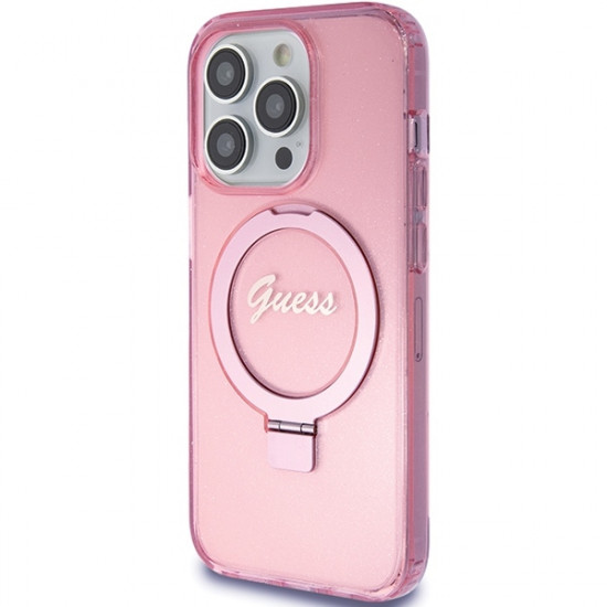 Guess iPhone 15 Pro Ring Stand Script Glitter Magsafe Σκληρή Θήκη με Πλαίσιο Σιλικόνης και MagSafe / Stand - Pink - GUHMP15LHRSGSP