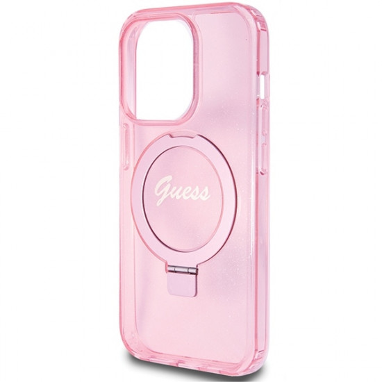 Guess iPhone 15 Pro Ring Stand Script Glitter Magsafe Σκληρή Θήκη με Πλαίσιο Σιλικόνης και MagSafe / Stand - Pink - GUHMP15LHRSGSP
