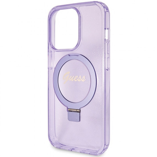 Guess iPhone 15 Pro Ring Stand Script Glitter Magsafe Σκληρή Θήκη με Πλαίσιο Σιλικόνης και MagSafe / Stand - Purple - GUHMP15LHRSGSU