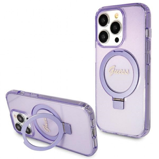Guess iPhone 15 Pro Ring Stand Script Glitter Magsafe Σκληρή Θήκη με Πλαίσιο Σιλικόνης και MagSafe / Stand - Purple - GUHMP15LHRSGSU