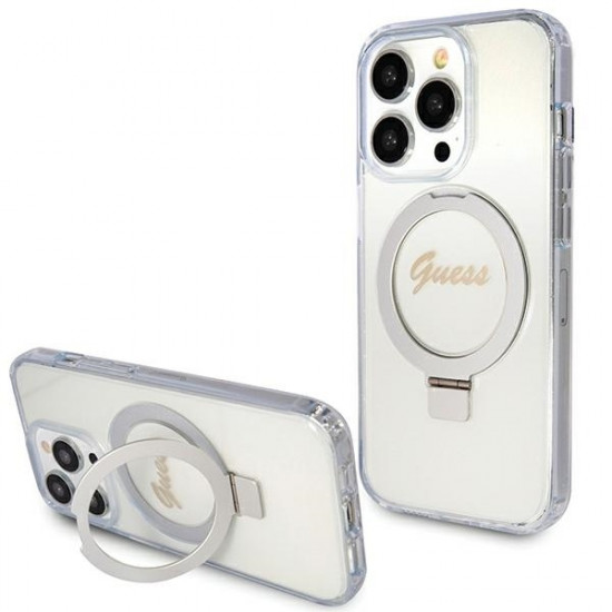 Guess iPhone 15 Pro Max Ring Stand Script Glitter Magsafe Σκληρή Θήκη με Πλαίσιο Σιλικόνης και MagSafe / Stand - Clear - GUHMP15XHRSGSD
