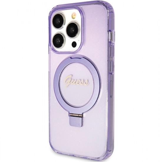 Guess iPhone 15 Pro Max Ring Stand Script Glitter Magsafe Σκληρή Θήκη με Πλαίσιο Σιλικόνης και MagSafe / Stand - Purple - GUHMP15XHRSGSU