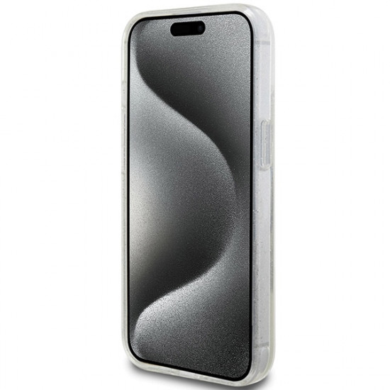 Guess iPhone 15 Ring Stand Script Glitter Magsafe Σκληρή Θήκη με Πλαίσιο Σιλικόνης και MagSafe / Stand - Clear - GUHMP15SHRSGSD