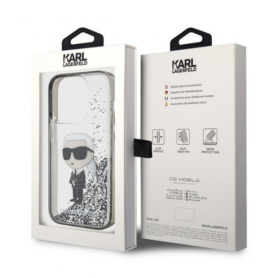 Karl Lagerfeld iPhone 15 Pro - Liquid Glitter Ikonik Σκληρή Θήκη με Πλαίσιο Σιλικόνης - Διάφανη - KLHCP15LLKKNSK