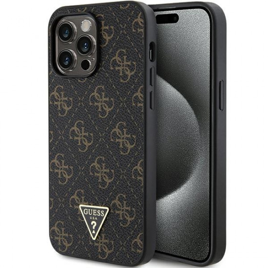 Guess iPhone 15 Pro Max - 4G Triangle Metal Logo Σκληρή Θήκη με Επένδυση Συνθετικού Δέρματος και Πλαίσιο Σιλικόνης - Black - GUHCP15XPG4GPK