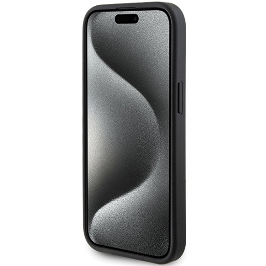 Guess iPhone 15 - 4G Triangle Metal Logo Σκληρή Θήκη με Επένδυση Συνθετικού Δέρματος και Πλαίσιο Σιλικόνης - Black - GUHCP15SPG4GPK