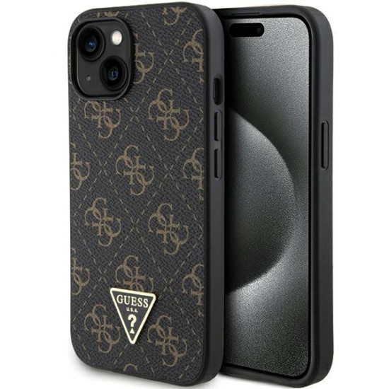 Guess iPhone 15 Plus - 4G Triangle Metal Logo Σκληρή Θήκη με Επένδυση Συνθετικού Δέρματος και Πλαίσιο Σιλικόνης - Black - GUHCP15MPG4GPK