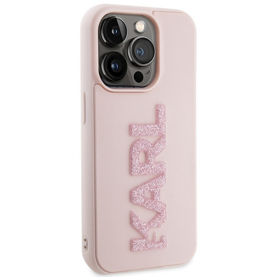 Karl Lagerfeld iPhone 15 Pro - 3D Rubber Glitter Logo Σκληρή Θήκη με Πλαίσιο Σιλικόνης - Pink - KLHCP15L3DMBKCP