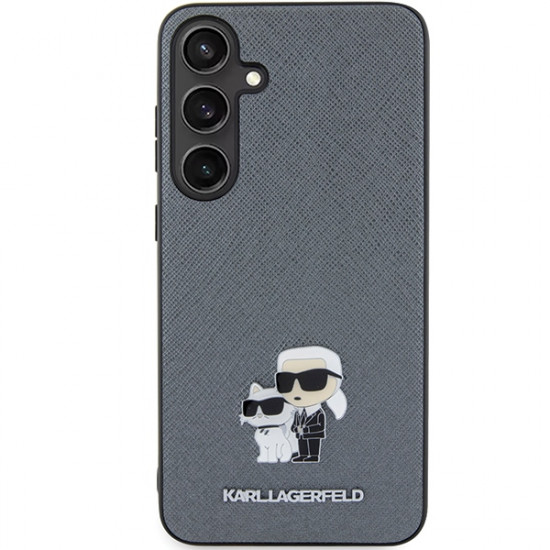 Karl Lagerfeld Samsung Galaxy S24+ - Saffiano Karl and Choupette Metal Pin Σκληρή Θήκη με Επένδυση Συνθετικού Δέρματος και Πλαίσιο Σιλικόνης - Grey - KLHCS24MPSAKCMPG