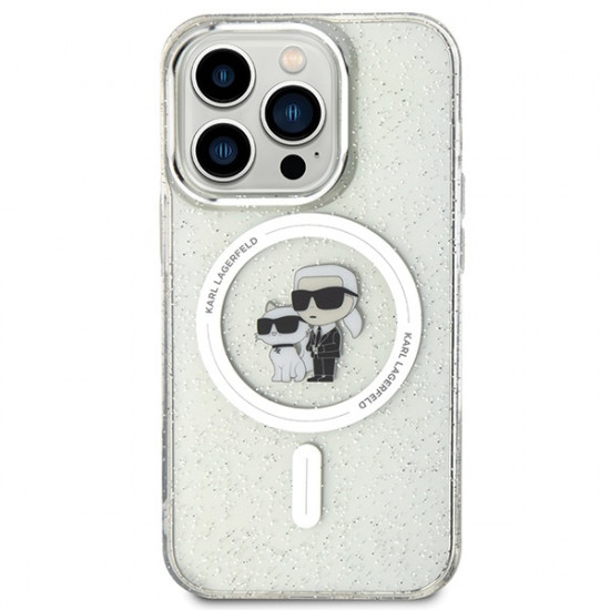 Karl Lagerfeld iPhone 15 Pro - Karl and Choupette Glitter Magsafe Σκληρή Θήκη με Πλαίσιο Σιλικόνης και MagSafe - Διάφανη - KLHMP15LHGKCNOT