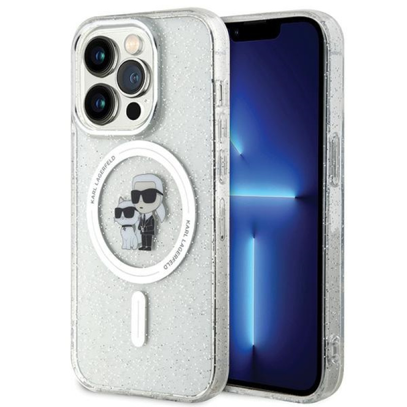 Karl Lagerfeld iPhone 15 Pro - Karl and Choupette Glitter Magsafe Σκληρή Θήκη με Πλαίσιο Σιλικόνης και MagSafe - Διάφανη - KLHMP15LHGKCNOT