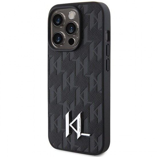 Karl Lagerfeld iPhone 15 Pro - Leather Monogram Hot Stamp Metal Logo Σκληρή Θήκη με Επένδυση Συνθετικού Δέρματος και Πλαίσιο Σιλικόνης - Black - KLHCP15PPKLPKLK