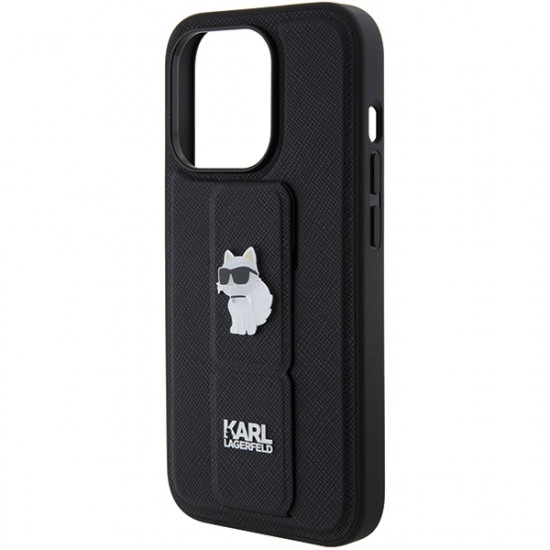 Karl Lagerfeld iPhone 15 Pro - Gripstand Saffiano Choupette Pin Σκληρή Θήκη με Επένδυση Συνθετικού Δέρματος και Stand - Black - KLHCP15LGSACHPK