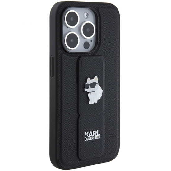 Karl Lagerfeld iPhone 15 Pro - Gripstand Saffiano Choupette Pin Σκληρή Θήκη με Επένδυση Συνθετικού Δέρματος και Stand - Black - KLHCP15LGSACHPK