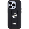Karl Lagerfeld iPhone 15 Pro - Gripstand Saffiano Karl and Choupette Pin Σκληρή Θήκη με Επένδυση Συνθετικού Δέρματος και Stand - Black - KLHCP15LGSAKCPK