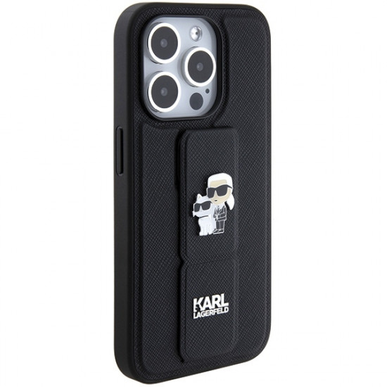Karl Lagerfeld iPhone 15 Pro - Gripstand Saffiano Karl and Choupette Pin Σκληρή Θήκη με Επένδυση Συνθετικού Δέρματος και Stand - Black - KLHCP15LGSAKCPK
