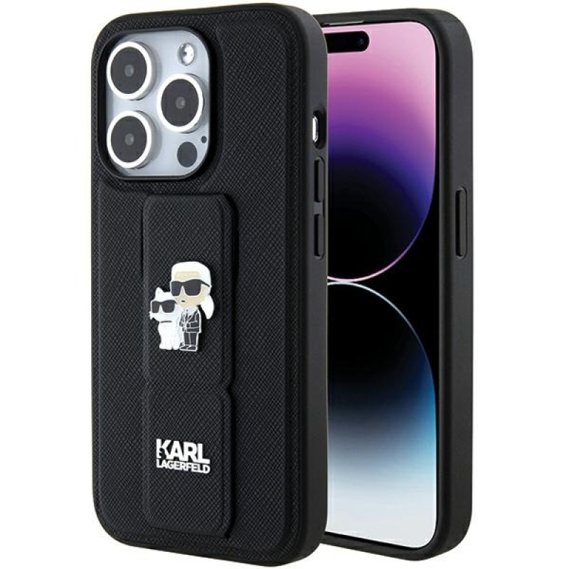 Karl Lagerfeld iPhone 15 Pro - Gripstand Saffiano Karl and Choupette Pin Σκληρή Θήκη με Επένδυση Συνθετικού Δέρματος και Stand - Black - KLHCP15LGSAKCPK