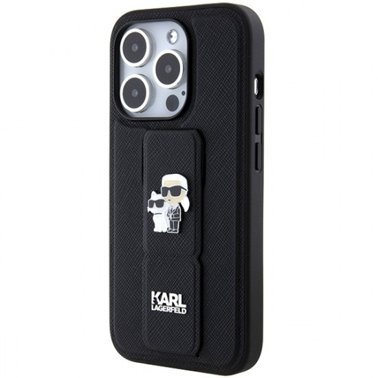 Karl Lagerfeld iPhone 15 Pro Max - Gripstand Saffiano Karl and Choupette Pin Σκληρή Θήκη με Επένδυση Συνθετικού Δέρματος και Stand - Black - KLHCP15XGSAKCPK