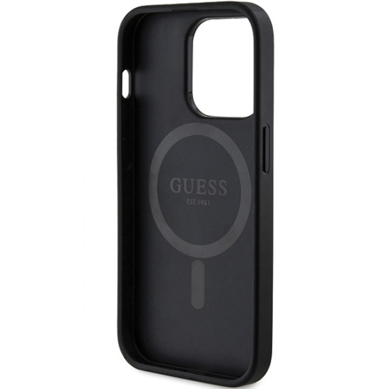 Guess iPhone 15 Pro Max - 4G Collection Leather Metal Logo MagSafe Θήκη με Επένδυση Συνθετικού Δέρματος και MagSafe - Black - GUHMP15XG4GFRK